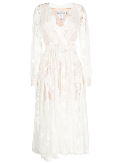 Shop Oscar De La Renta Guipure-lace Semi-sheer Midi Dress In White