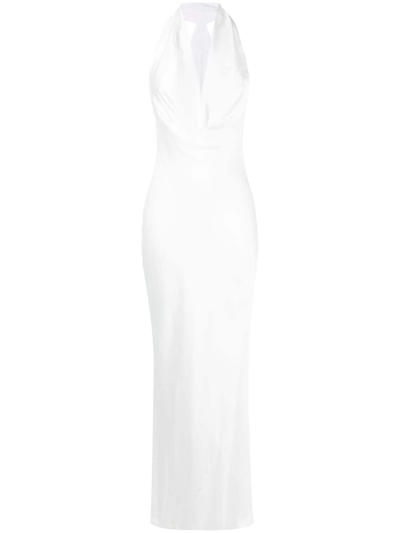 Shop Norma Kamali Halterneck Draped-detail Long Dress In White