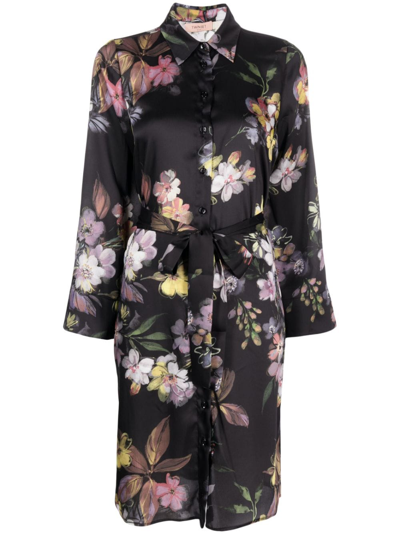 Shop Twinset Floral-print Belted Shirt Dress In Black