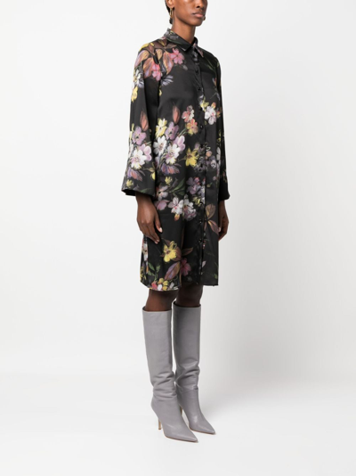 Shop Twinset Floral-print Belted Shirt Dress In Black