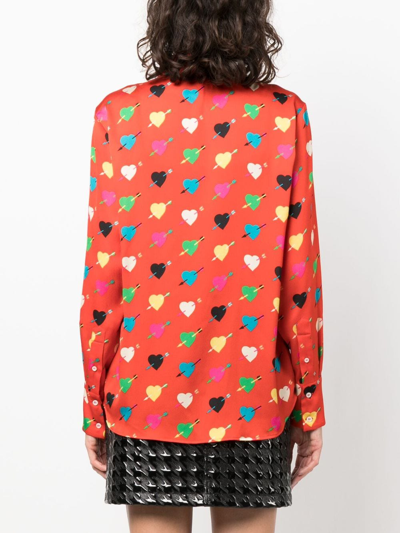 Shop Msgm Heart-print Long-sleeve Shirt In Red
