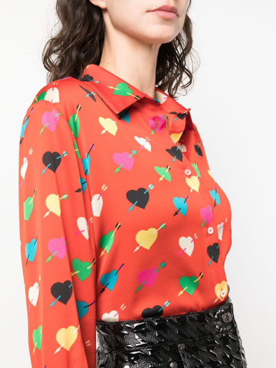 Msgm Red Shirt With Arrowed Heart Print Motif In Red