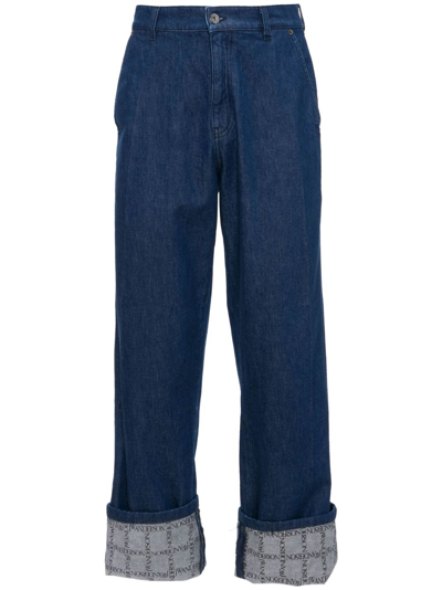 Shop Jw Anderson Grid-print Wide-leg Jeans In Blue