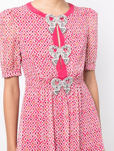 Shop Saloni Jamie Bow-detail Graphic-print Minidress In Pink