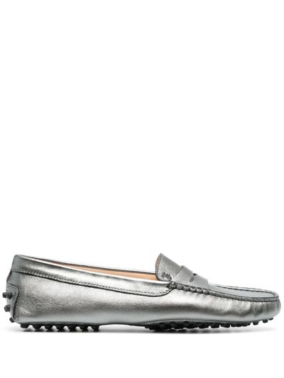 Shop Tod's Gommino Driving Leather Loafers In Silver