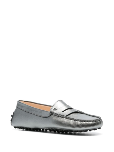 Tod's Gommini Metallic Driver Penny Loafers In Silver