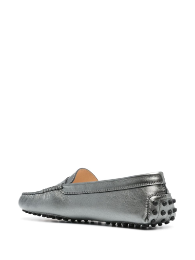 Tod's Gommini Metallic Driver Penny Loafers In Silver
