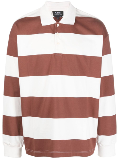 Shop Apc Striped Cotton Polo Shirt In Brown