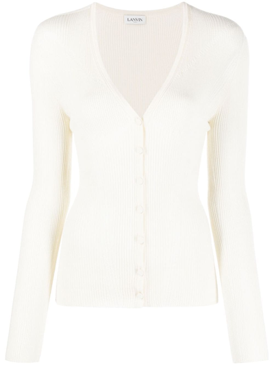 Shop Lanvin Ribbed V-neck Cardigan In White