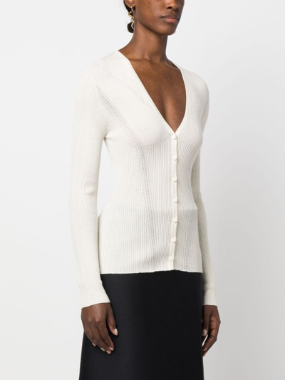 Shop Lanvin Ribbed V-neck Cardigan In White