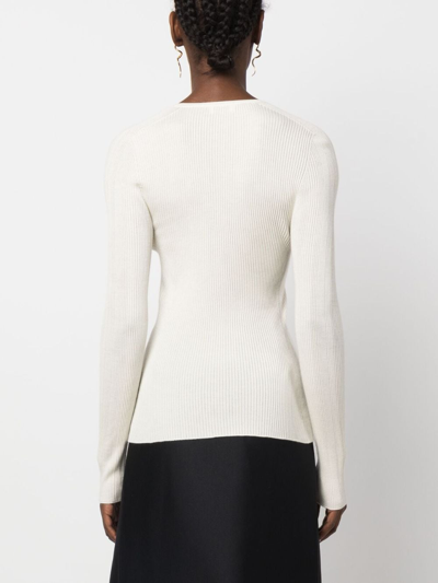 Shop Lanvin Ribbed V-neck Cardigan In White