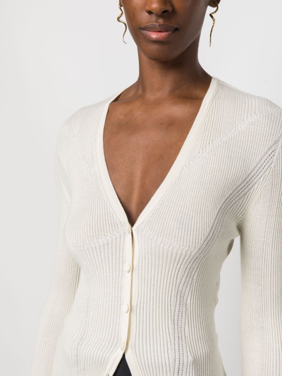 Shop Lanvin Ribbed V-neck Cardigan In White