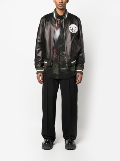 Shop Roberto Cavalli Leather Monogram-patch Bomber Jacket In Black