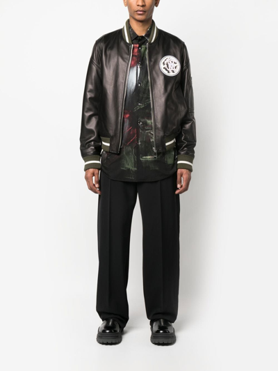 Roberto Cavalli Leather Monogram-patch Bomber Jacket In Black