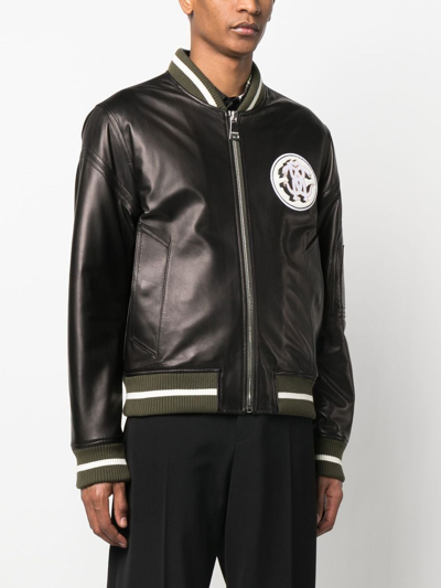 Roberto Cavalli Leather Monogram-patch Bomber Jacket In Black