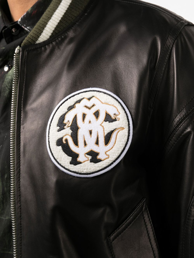 Shop Roberto Cavalli Leather Monogram-patch Bomber Jacket In Black