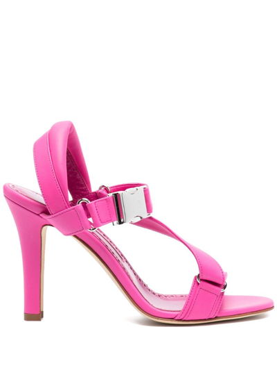 Shop Manolo Blahnik Military-buckle 95mm Leather Sandals In Pink