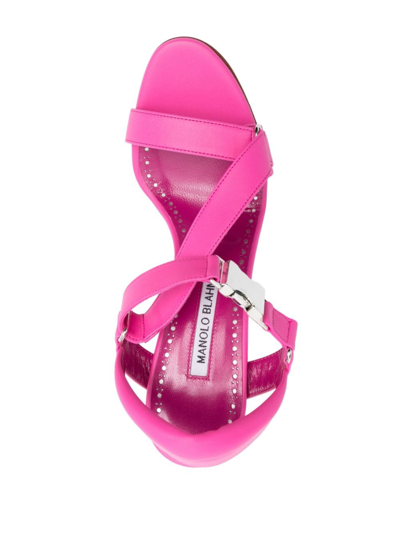 Shop Manolo Blahnik Military-buckle 95mm Leather Sandals In Pink