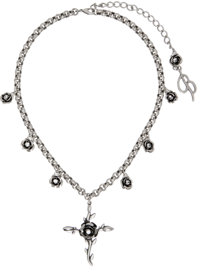 Shop Blumarine Silver Rose Cross Necklace In N0995 Nikel