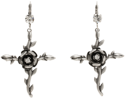 Shop Blumarine Silver Rose Cross Earrings In N0995 Nikel