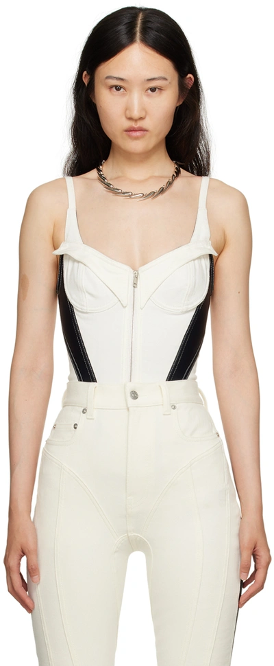 Mugler Bonded Cotton Denim Corset Bodysuit In B1119 Ivory / Black