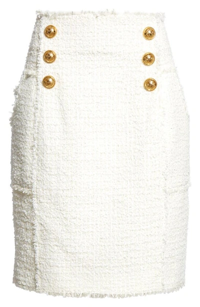 Shop Balmain Six Button High Waist Tweed Skirt In White