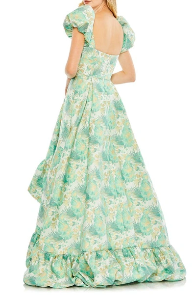 Shop Mac Duggal Metallic Floral Puff Sleeve High-low Gown In Spring Green