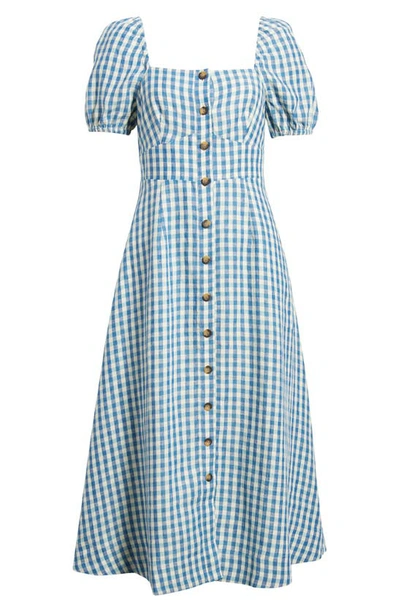 Boden Check Puff Sleeve Linen A-line Midi Dress In Blue Gingham