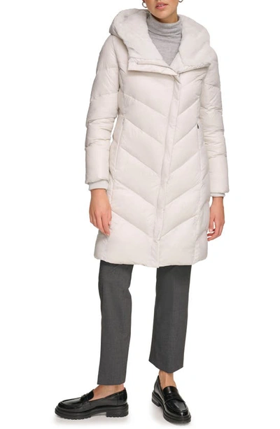 Shop Calvin Klein Faux Fur Trim Chevron Quilt Down Puffer Jacket In Dove Grey