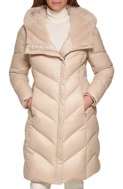 Shop Calvin Klein Faux Fur Trim Chevron Quilt Down Puffer Jacket In Smokey Taupe