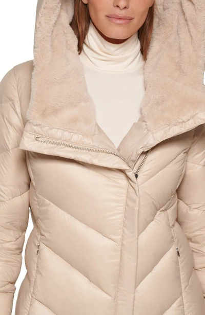 Shop Calvin Klein Faux Fur Trim Chevron Quilt Down Puffer Jacket In Smokey Taupe