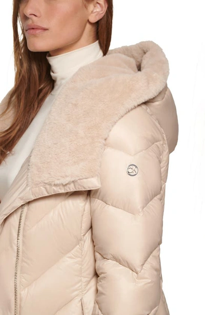 Shop Calvin Klein Faux Fur Trim Chevron Quilt Down Puffer Jacket In Smokey Taupe