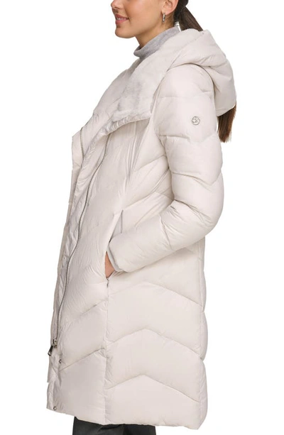 Shop Calvin Klein Faux Fur Trim Chevron Quilt Down Puffer Jacket In Dove Grey