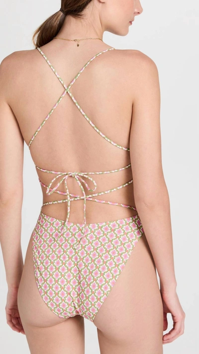 Shop Tory Burch Women's Printed Tie-back Adjustable Strap Padded One Piece Swimsuit Vauban Diamond In Multi