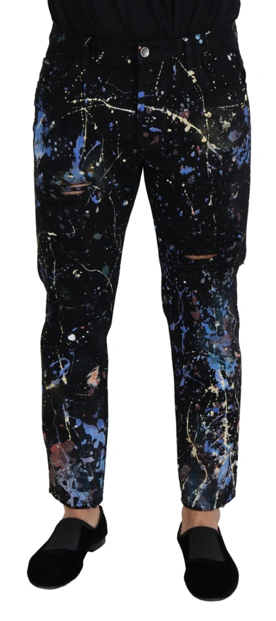 Shop Dolce & Gabbana Exquisite Color Splash Print Denim Men's Pants In Black