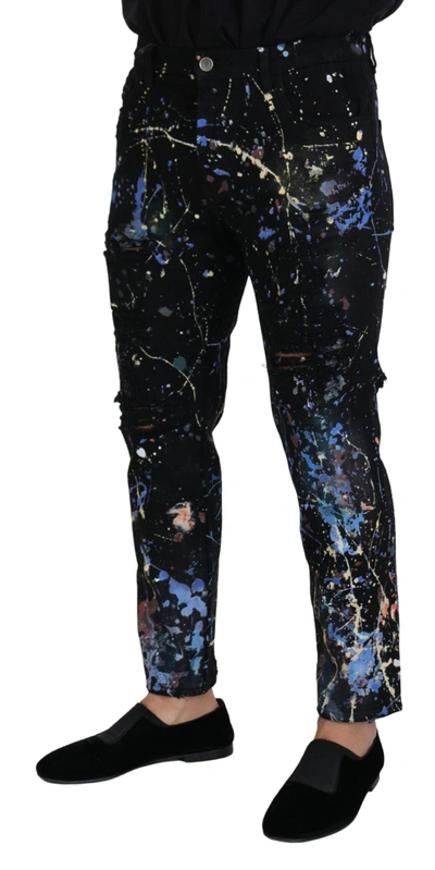 Dolce & Gabbana Black Cotton Color Splash Print Denim Jeans In Black