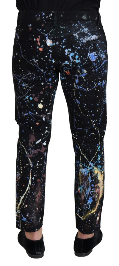 Dolce & Gabbana Black Cotton Color Splash Print Denim Jeans In Black