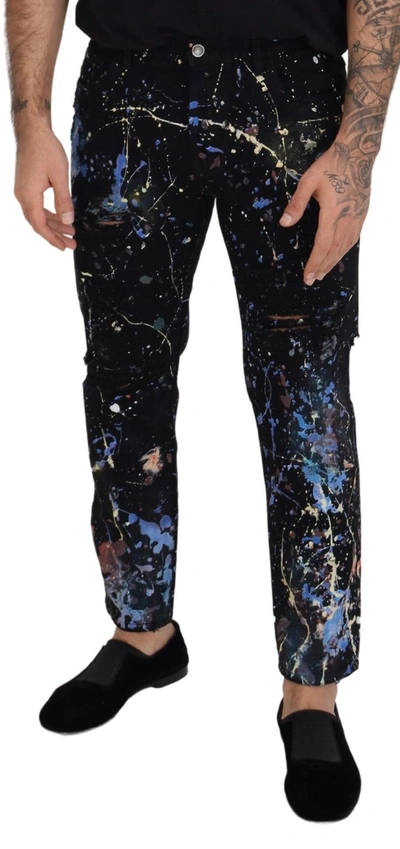 Dolce & Gabbana Black Cotton Color Splash Print Denim Jeans In Black