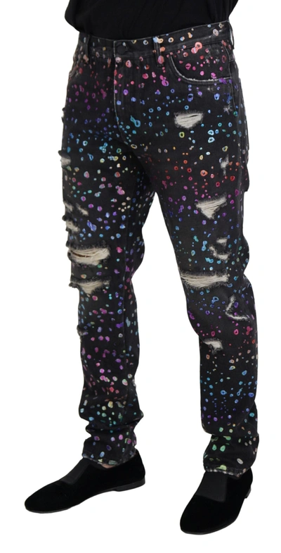 Dolce & Gabbana Black Multicolor Print Tattered Denim Jeans In Black