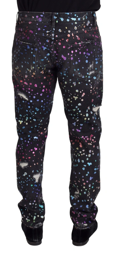 Dolce & Gabbana Black Multicolor Print Tattered Denim Jeans In Black