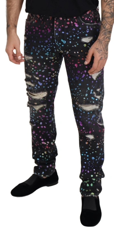 Dolce & Gabbana Black Multicolor Print Tattered Denim Jeans In Black