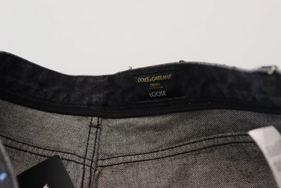 Dolce & Gabbana Black Multicolor Print Tattered Denim Jeans In Black