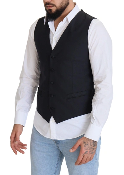Dolce & Gabbana Dark Blue Wool Stretch Waistcoat Formal Vest In Black
