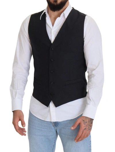 Dolce & Gabbana Dark Blue Wool Stretch Waistcoat Formal Vest In Black