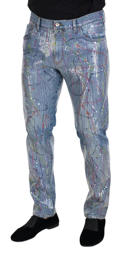 Dolce & Gabbana Blue Cotton Color Splash Print Denim Jeans In Blue