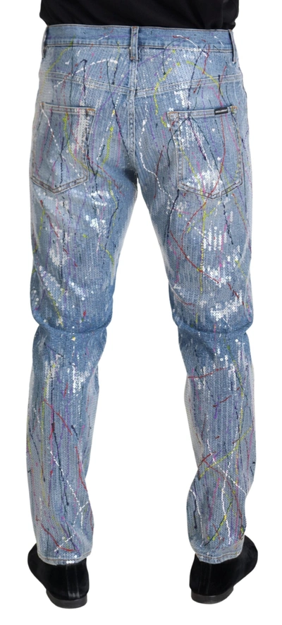 Dolce & Gabbana Blue Cotton Color Splash Print Denim Jeans In Blue