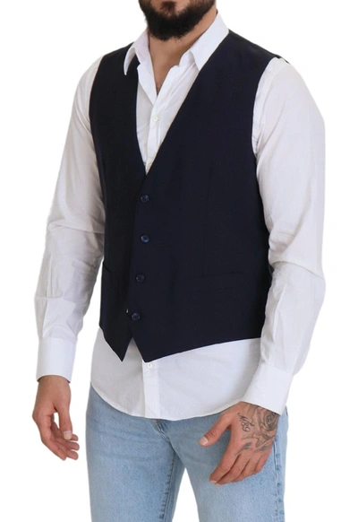 Shop Dolce & Gabbana Dark Blue Wool Stretch Waistcoat Formal Men's Vest