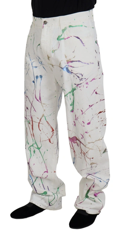 Shop Dolce & Gabbana Chic White Splash Print Denim Men's Pants