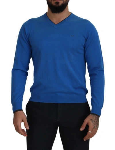 Shop Sun68 Blue Cotton V-neck Knitted Men Pullover Men's Sweater