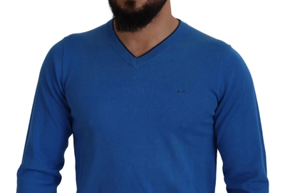 Shop Sun68 Blue Cotton V-neck Knitted Men Pullover Men's Sweater